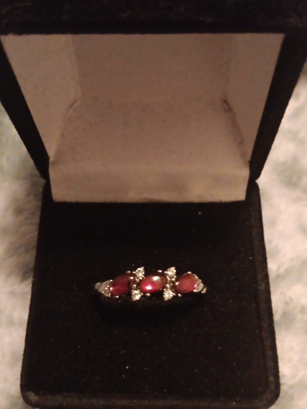 Mozambique Garnet and Simulated Diamond 2.00 ctw Trinity Ring in Silvertone